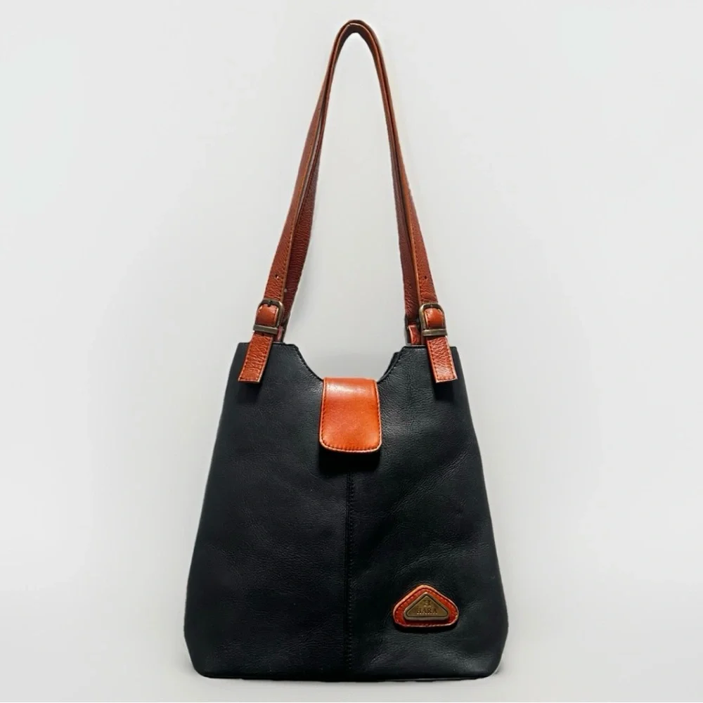 Hara Daviny Genuine Leather Vintage Shoulder Bag Black Brown Double Handle Purse